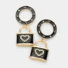 Fashnzfab Stone Embellished Enamel Roman Numerals Heart Lock Link Dangle Earrings - Black In Black