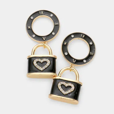 Fashnzfab Stone Embellished Enamel Roman Numerals Heart Lock Link Dangle Earrings - Black