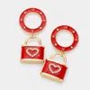 Fashnzfab Stone Embellished Enamel Roman Numerals Heart Lock Link Dangle Earrings - Red In Red
