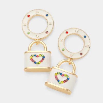 Fashnzfab Stone Embellished Enamel Roman Numerals Heart Lock Link Dangle Earrings - White In Gold