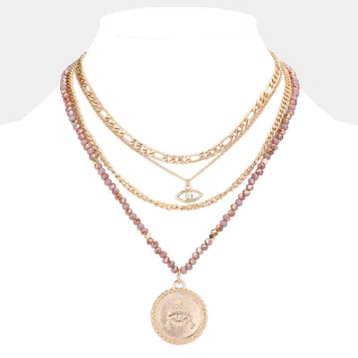 Fashnzfab Stone Embellished Evil Eye Pendant Multi Layered Bib Necklace In Gold