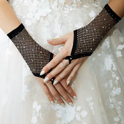 Fashnzfab Stone Embellished Fishnet Fingerless Wedding Gloves 9" L In Multi