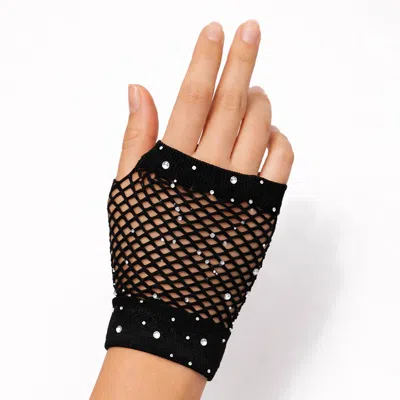 Fashnzfab Stone Embellished Fishnet Fingerless Wedding Gloves In Black