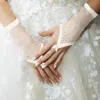 Fashnzfab Stone Embellished Fishnet Fingerless Wedding Gloves In White