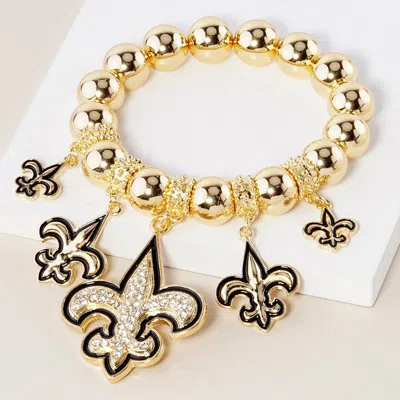 Fashnzfab Stone Embellished Fleur De Lis Charm Metal Ball Stretch Bracelet Gold