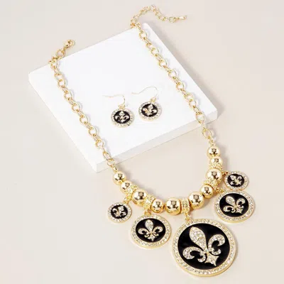 Fashnzfab Stone Embellished Fleur De Lis Charm Metal Chain Necklace 16" + 2" L In Brown