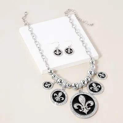 Fashnzfab Stone Embellished Fleur De Lis Charm Metal Chain Necklace 16" + 2" L In Metallic