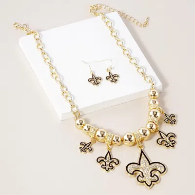Fashnzfab Stone Embellished Fleur De Lis Charm Metal Chain Necklace In Gold