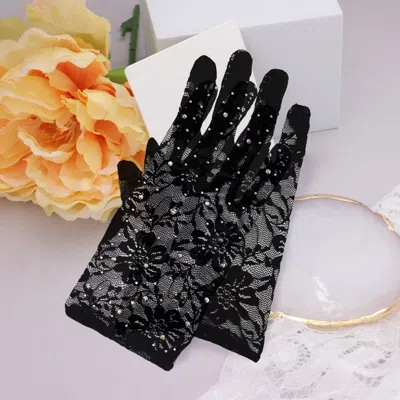Fashnzfab Stone Embellished Floral Lace Dressy Wedding Gloves Black In Purple