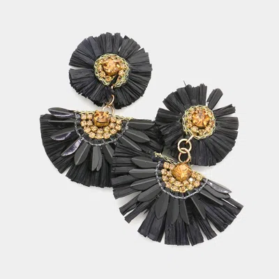Fashnzfab Stone Embellished Floral Raffia Link Dangle Earrings In Black
