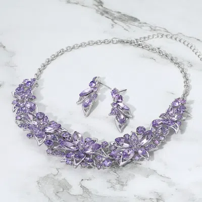 Fashnzfab Stone Embellished Flower Collar Evening Necklace In Purple