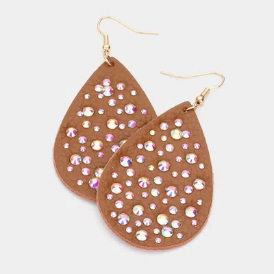Fashnzfab Stone Embellished Genuine Leather Teardrop Dangle Earrings - Brown