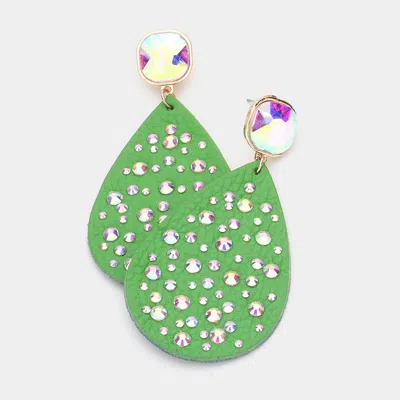 Fashnzfab Stone Embellished Genuine Leather Teardrop Dangle Earrings - Lime In Green