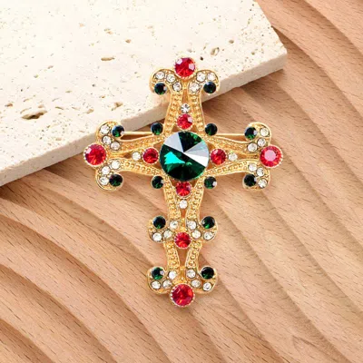 Fashnzfab Stone Embellished Gothic Cross Pin Brooch In Gold