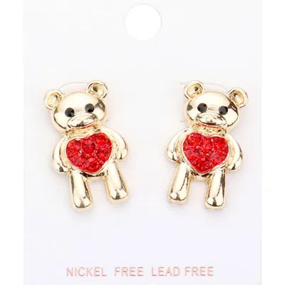 Fashnzfab Stone Embellished Heart Metal Bear Earrings - Gold