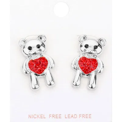 Fashnzfab Stone Embellished Heart Metal Bear Earrings - Rhodium In Red