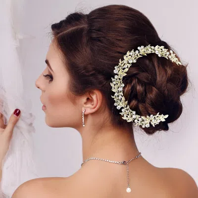 Fashnzfab Stone Embellished Leaf Cluster Vine Bun Wrap Headpiece In Gold