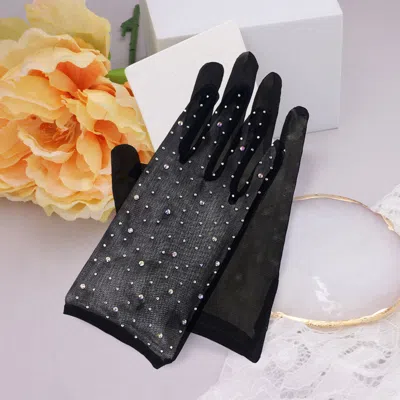 Fashnzfab Stone Embellished Mesh Dressy Wedding Gloves In Black