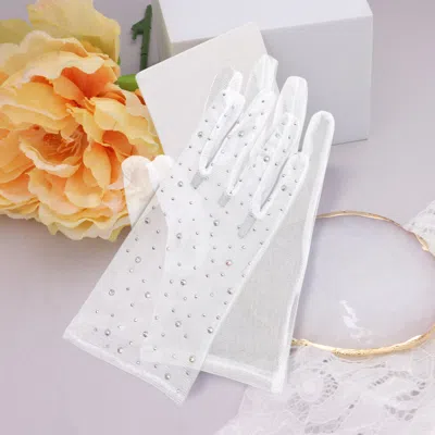 Fashnzfab Stone Embellished Mesh Dressy Wedding Gloves In White
