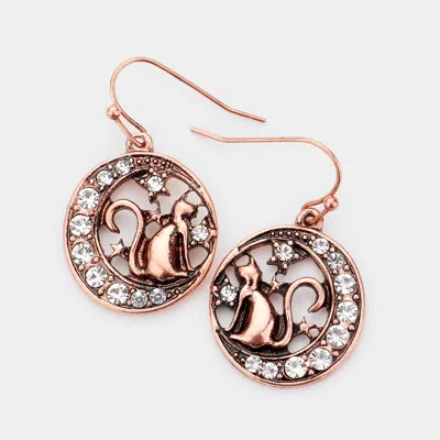 Fashnzfab Stone Embellished Metal Cat On Crescent Moon Dangle Earrings - Copper Burnished In Gold