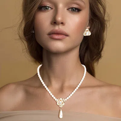 Fashnzfab Stone Embellished Metal Flower Pearl Pendant Necklace In White