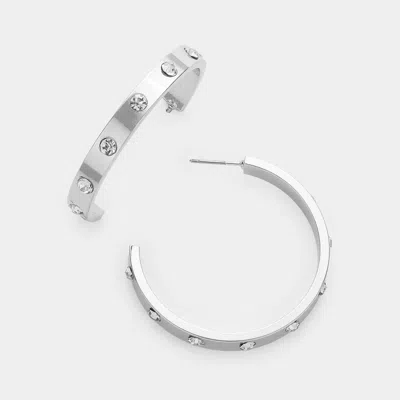 Fashnzfab Stone Embellished Metal Hoop Earrings - Rhodium In Silver