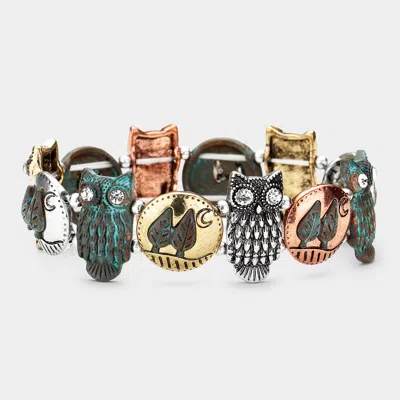 Fashnzfab Stone Embellished Metal Owl Stretch Bracelet In Black