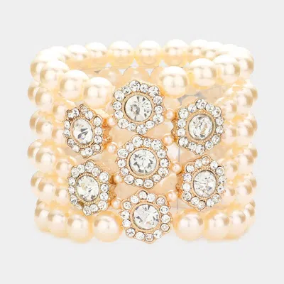 Fashnzfab Stone Embellished Multi Layered Pearl Stretch Bracelet Clear, Cream, Gold