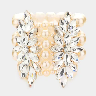 Fashnzfab Stone Embellished Multi Layered Pearl Stretch Bracelet In Gold