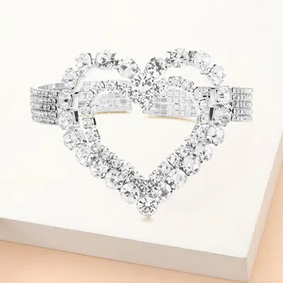 Fashnzfab Stone Embellished Open Heart Cuff Evening Bracelet - Silver