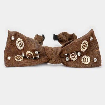 Fashnzfab Stone Embellished Open Metal Circle Link Bow Headband In Brown