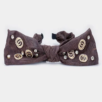 Fashnzfab Stone Embellished Open Metal Circle Link Bow Headband In Brown