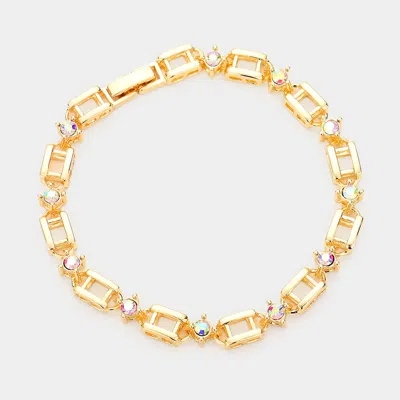 Fashnzfab Stone Embellished Open Metal Rectangle Link Evening Bracelet Gold