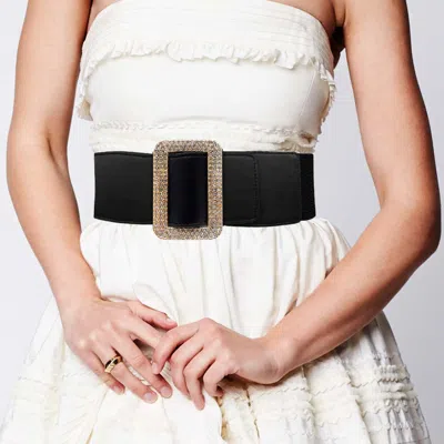 Fashnzfab Stone Embellished Open Rectangle Elastic Belt In Black