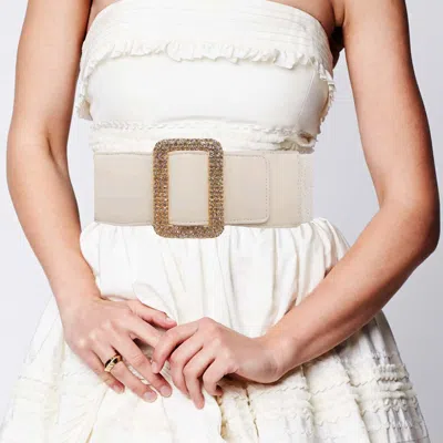 Fashnzfab Stone Embellished Open Rectangle Elastic Belt In Neutral