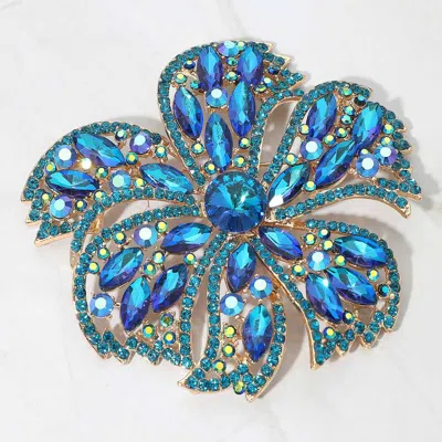 Fashnzfab Stone Embellished Oversized Flower Pin Brooch In Blue