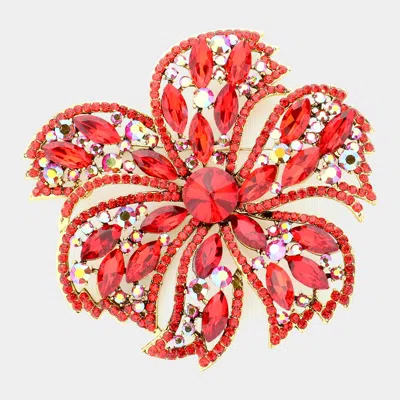 Fashnzfab Stone Embellished Oversized Flower Pin Brooch In Red