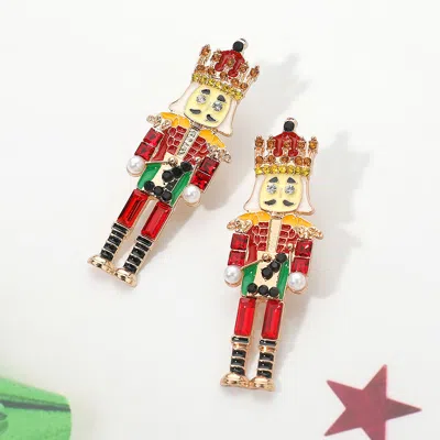 Fashnzfab Stone Embellished Pearl Pointed Enamel Nutcracker Earrings - Red In Multi