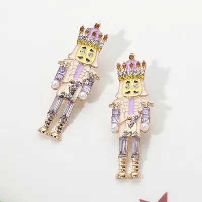 Fashnzfab Stone Embellished Pearl Pointed Enamel Nutcracker Earrings - Lavender In Silver