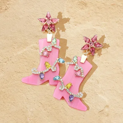 Fashnzfab Stone Embellished Resin Cowboy Boot Dangle Earrings - Gold, Pink In Multi