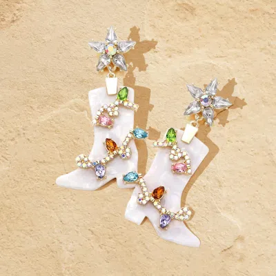 Fashnzfab Stone Embellished Resin Cowboy Boot Dangle Earrings - Gold, White In Multi