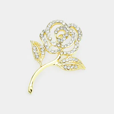 Fashnzfab Stone Embellished Rose Flower Pin Brooch In Gold