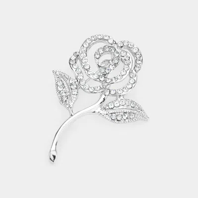 Fashnzfab Stone Embellished Rose Flower Pin Brooch In Silver