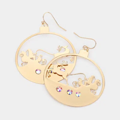 Fashnzfab Stone Embellished Rudolph Accented Brass Metal Round Dangle Earrings - Gold
