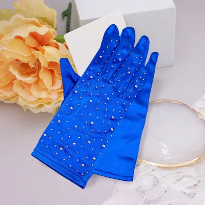 Fashnzfab Stone Embellished Satin Dressy Wedding Gloves In Blue