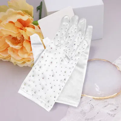 Fashnzfab Stone Embellished Satin Dressy Wedding Gloves In White