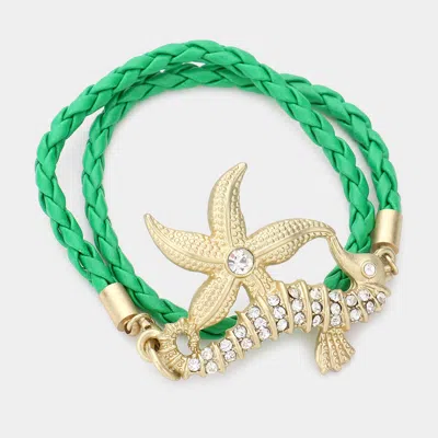Fashnzfab Stone Embellished Starfish Seahorse Braided Faux Leather Wrap Bracelet Green