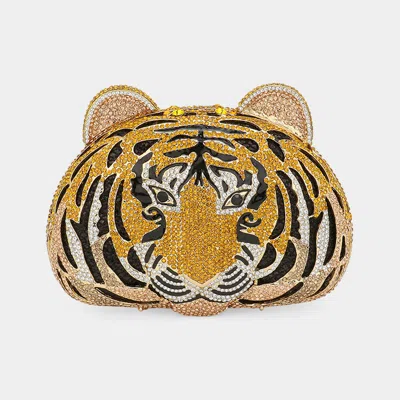 Fashnzfab Stone Embellished Tiger Evening Clutch Bag In Gold