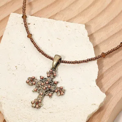 Fashnzfab Stone Embellished Vintage Cross Pendant Seed Beaded Necklace In Multi