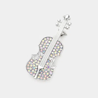 Fashnzfab Stone Embellished Violin Pin Brooch In Silver